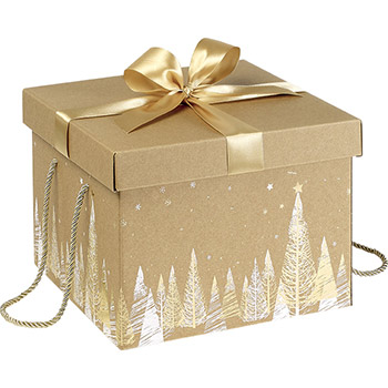 Boîte Coffret carton kraft carré décor sapins or/blanc noeud satin 27 CM