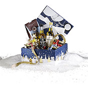 Boîte coffret carton carré bleu/blanc/dorure à chaud Bonnes fêtes ruban noeud blanc 16cm