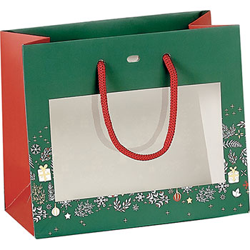 Sac papier décor Bonnes Fêtes vert/rouge/dorure or fenêtre PVC 29 cm