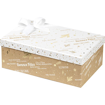 Boîte coffret carton rectangle kraft/blanc/dorure à chaud or  Bonnes fêtes 33 cm